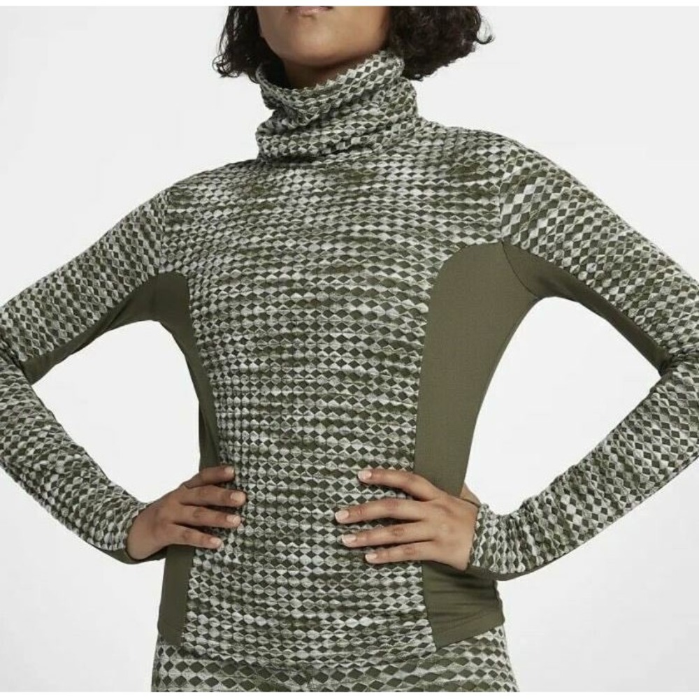 Nike Pro Hyperwarm Top XS Olive Green Geometric Diamond Turtleneck Running